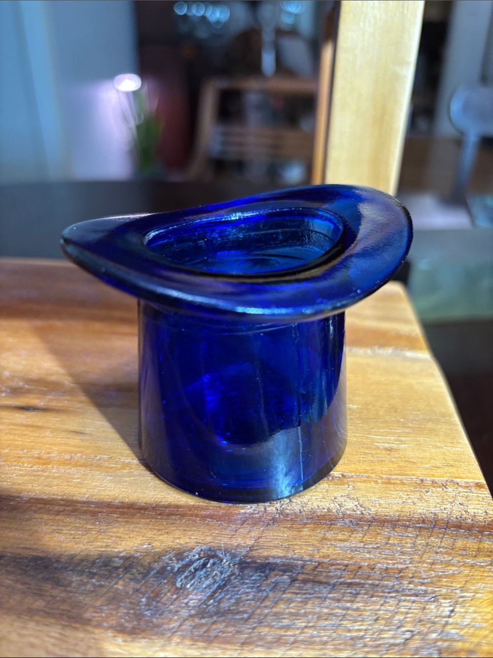 vintage cobalt blue glass top hat holder, for toothpicks or matches.